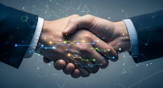 Two businessmen shaking hands, representing a successful partnership and agreement, with digital network connections overlayed - Powered by Adobe