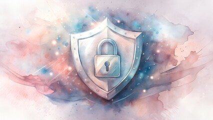 Fototapeta premium Abstract Watercolor Cybersecurity Concept: Glowing Geometric Shield and Padlock Protecting Against Dark Chaotic Threats