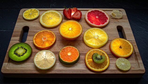 A vibrant assortment of sliced citrus fruits and other fresh produce arranged on a wooden cutting board, showcasing their colorful textures.