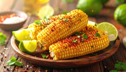 Grilled corn with limes on wooden plate
