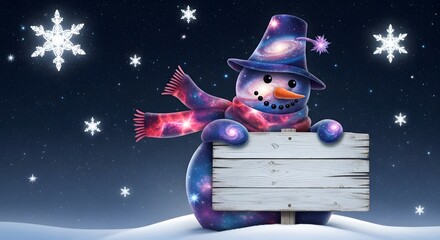 Cosmic snowman holding blank wooden sign under sparkling snowflakes at night