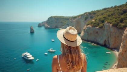 Woman in straw hat gazes at azure Mediterranean Sea, yachts float on blue water near rocky coast. Rich green cliffs rise above clear turquoise bay. Sunny sky, summer vacation vibe.