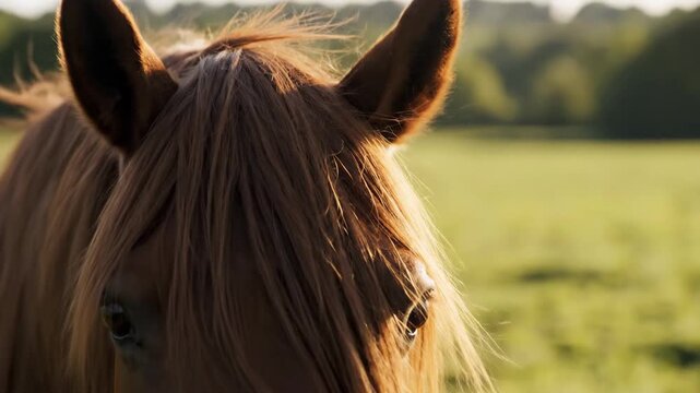 Graceful close-up of a brown horse in a sunlit field, its flowing mane gently moving with the wind, highlighting natural beauty and serene equine