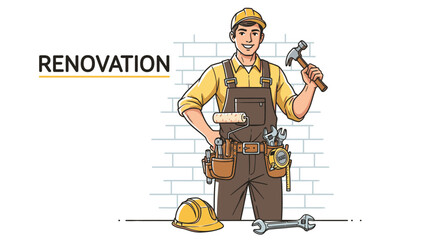 A smiling male construction worker in a hard hat and overalls holds a hammer, ready for home renovation or repair projects.