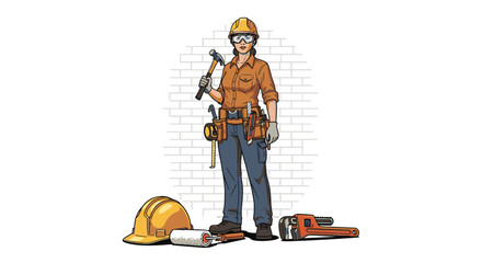 A confident female construction worker stands ready with her hammer and essential tools, embodying strength and skill in the building trades.