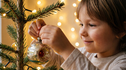 Joyful Child Decorating Christmas Tree with Vintage Ornament and Bokeh Lights