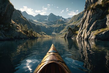 Exploring the tranquility of a mountain lake while kayaking under clear skies surrounded by majestic peaks in a serene natural setting