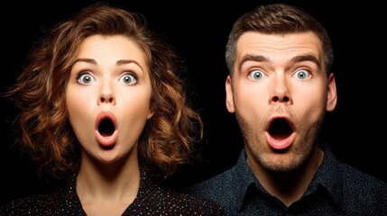 Surprised couple shows shock and excitement in a studio setting with dramatic lighting
