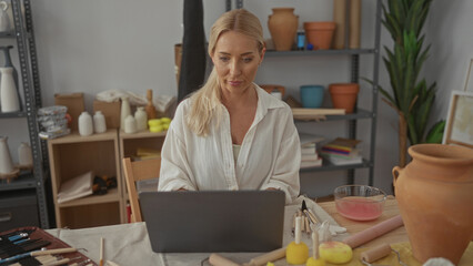 Fototapeta premium Woman types on laptop surrounded by pottery tools and clay jars under natural light in studio; creative concentration.
