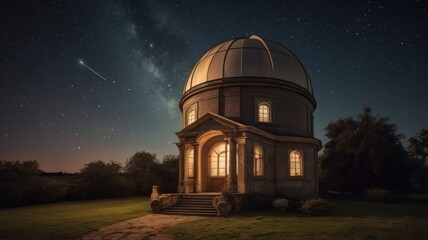 Obraz premium Illuminated Observatory Under Starry Night Sky with Shooting Star