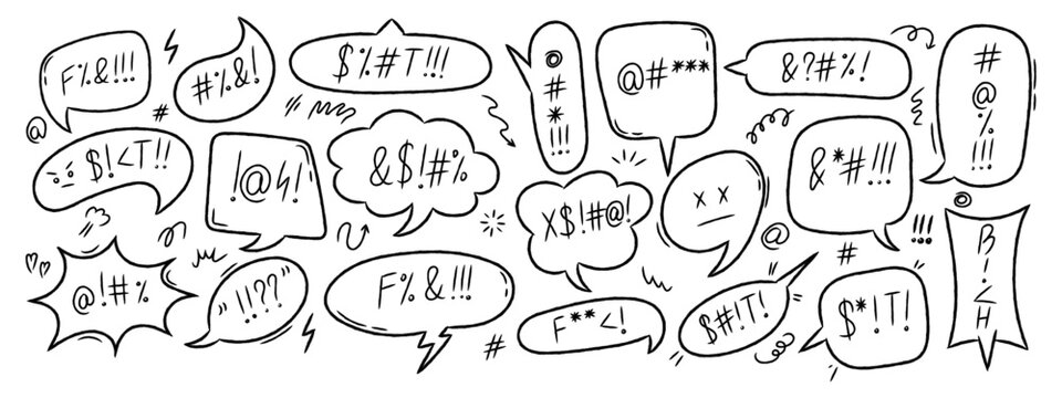 Hand drawn crayon speech bubbles with swear words. Angry, rude, and negative expression comic talk balloons in doodle style