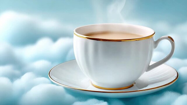 Steaming cup of coffee on saucer against soft cloudy background  