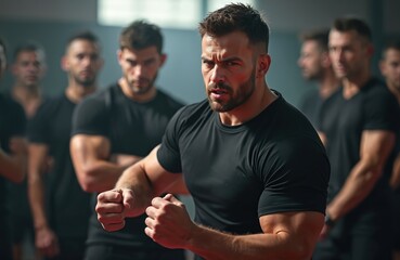 Men in black shirts practice martial arts. Focused instructor leads group in self defense training. Intense fitness session builds combat skills. Aggressive stance shows readiness for action. Workout