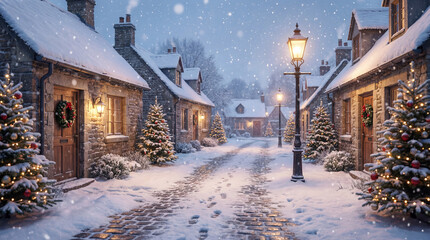 Charming Snowy Village Street Lit for Christmas Eve