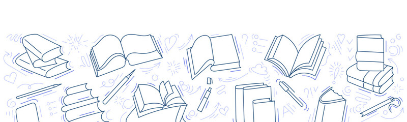 Literature. Books line backdrop. Simple border