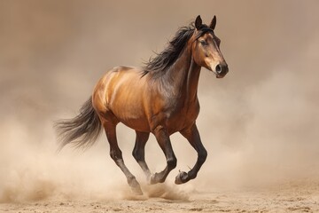 Fototapeta premium Beautiful horse trotting gracefully in a sandy paddock with a blurred background, showcasing its powerful stride and flowing mane under soft sunlight
