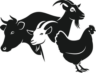 Black White Farm Animals Vector Illustration Isolated