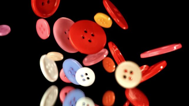 Multi-colored sewing buttons fall on the table. Filmed on a high-speed camera at 1000 fps. High quality FullHD footage