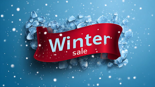 A vibrant winter sale promotion banner featuring bold red text reading &ldquo;Winter Sale,&rdquo; surrounded by ice chunks and falling snowflakes against a cool blue background.