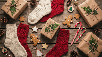 Rustic Christmas Flat Lay with Gifts, Socks, and Gingerbread on Wood