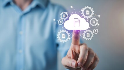 Cloud computing and data storage technology, hand touching a digital interface with cloud icon and gears