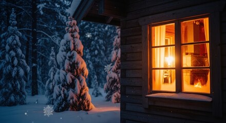 Cozy cabin window glows warmly on a snowy winter night in the mountains