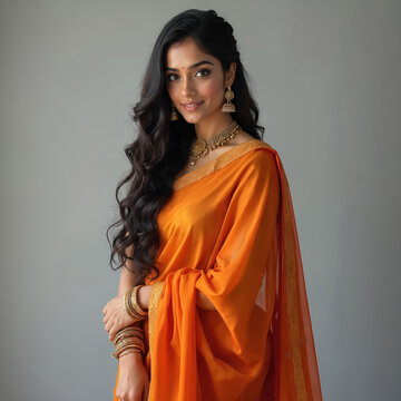 Young Indian woman wears orange nauvari saree. She has traditional gold jewelry. Woman poses with long wavy dark hair. Her look is styled for Maharashtra culture.
