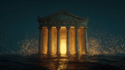 Naklejka premium Ancient Temple Illuminated In Golden Light Floating On Dark Water With Sparkling Particles
