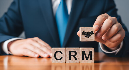 Elevate customer relationships with strategic CRM solutions a business professional demonstrating partnership with wooden blocks and handshake icons, creating a successful strategy