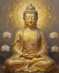 Serene golden Buddha meditating peacefully with lotus flowers in soft light, evoking tranquility and spiritual harmony, perfect for mindfulness promotion