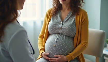 Pregnant woman has medical check-up with doctor. Healthcare provider gives advice and support during prenatal visit. Future mother examines belly, anticipates baby.