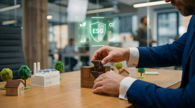 Professional investor building a sustainable future with ESG principles, investing in eco-friendly housing and renewable energy for responsible business growth