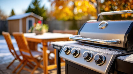 Outdoor patio grill covered in fresh morning snow with wooden furniture and autumn foliage in the background