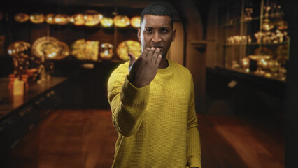Young black man points finger at camera in a building wearing a yellow sweater and serious expression; challenge focus.