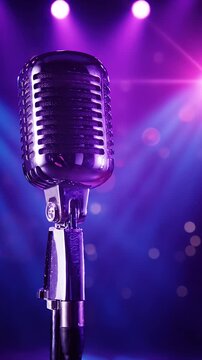Shining Vintage Microphone on Stage Ready for Performance Illuminated by Dynamic Purple and Blue Spotlights with Atmospheric Bokeh Lights Ideal for Music Concer