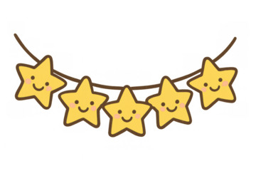 Yellow kawaii star garland with smiling faces decorating for celebration and party, transparent background illustration