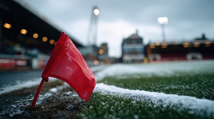 Vivid red corner flag blowing in winter wind on snow-dusted soccer field