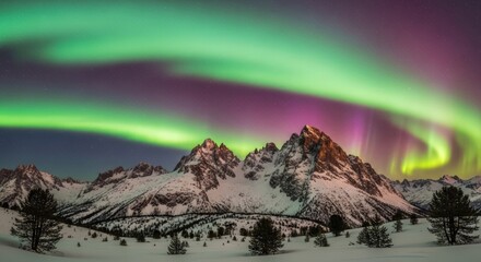 Breathtaking aurora borealis over snow-capped mountains under starry night sky