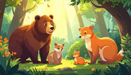 A charming illustration depicting a friendly encounter between a bear family and a fox family in a vibrant, sunlit forest.