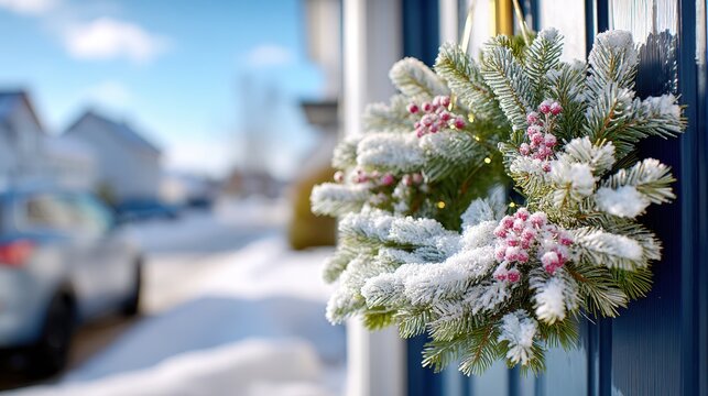 Snow-frosted holiday wreath with red berries on door in sunny winter neighborhood scene