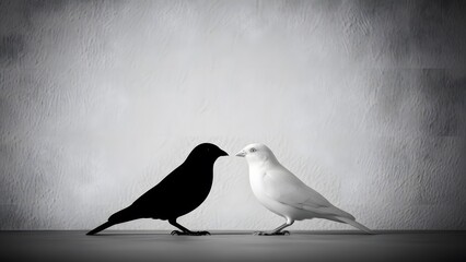 Black and white birds facing each other on textured background