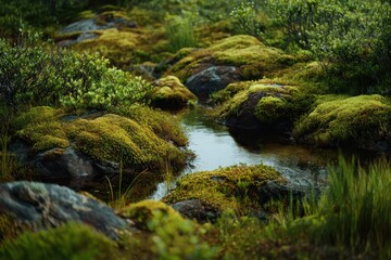 Obraz premium Green moss islands thrive among lichen-covered rocks beside a serene stream in a lush forest, capturing the tranquility of nature in early morning light