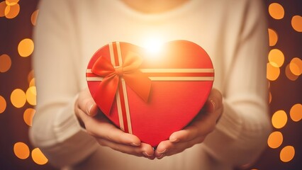 Woman holding a red heart shaped gift box for valentines day