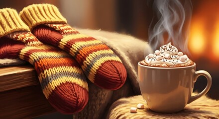 Cozy winter scene cozy warm socks hot chocolate by fireplace comforting ambiance
