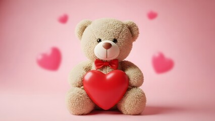 Teddy bear holding a red heart on a pink background for valentine s day