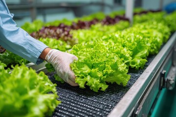Worker processes fresh lettuce on conveyor in food facility during daylight shift with attention to quality and cleanliness