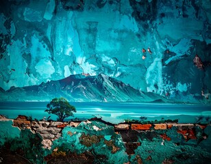 Textured turquoise landscape with a lone tree and distant mountains