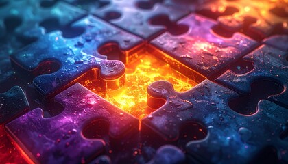 Vibrantly colored puzzle pieces with a glowing, molten core where a piece is missing, symbolizing a complex solution or missing element.