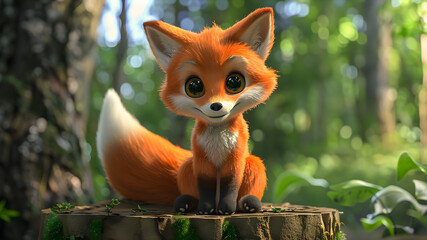 Cute Baby Fox with fluffy tail sitting on a tree