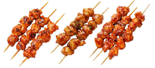 Grilled Korean Dakkochi chicken skewers coated in glossy sesame glaze,isolated on white background, Asian cuisine